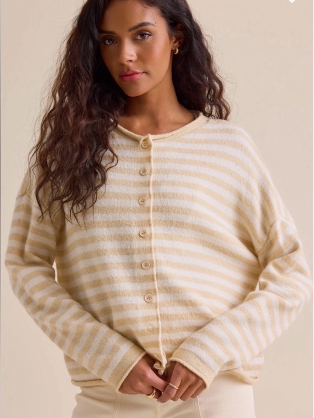 Altar'd State Cream & White Striped Button-Front Cardigan Wool Blend